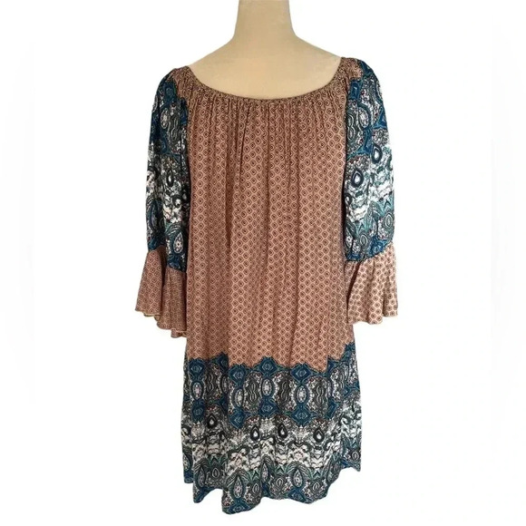 Umgee Floral Peasant Boho Ruffle Flutter Sleeve Shift Tunic Mini Dress Sz M - Picture 3 of 5